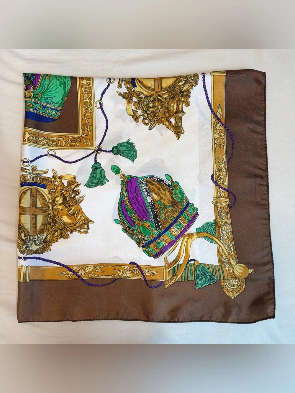 Ornate Crown-Print Silk-Feel Scarf in Brown, Green & Purple